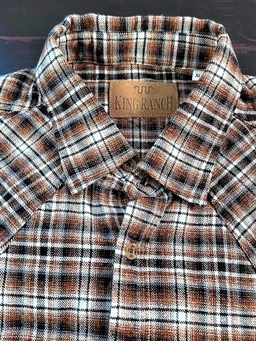 King Ranch Western Flannel Button Down Shirt Mens XL Logo Brown Plaid Yoke Ranch